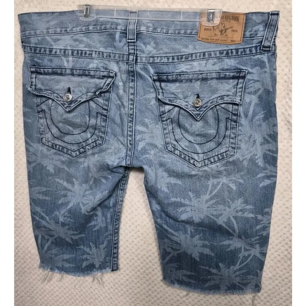 True Religion Mens 42 Denim Shorts Palm Tree Print Straight Cutoff Blue Jean